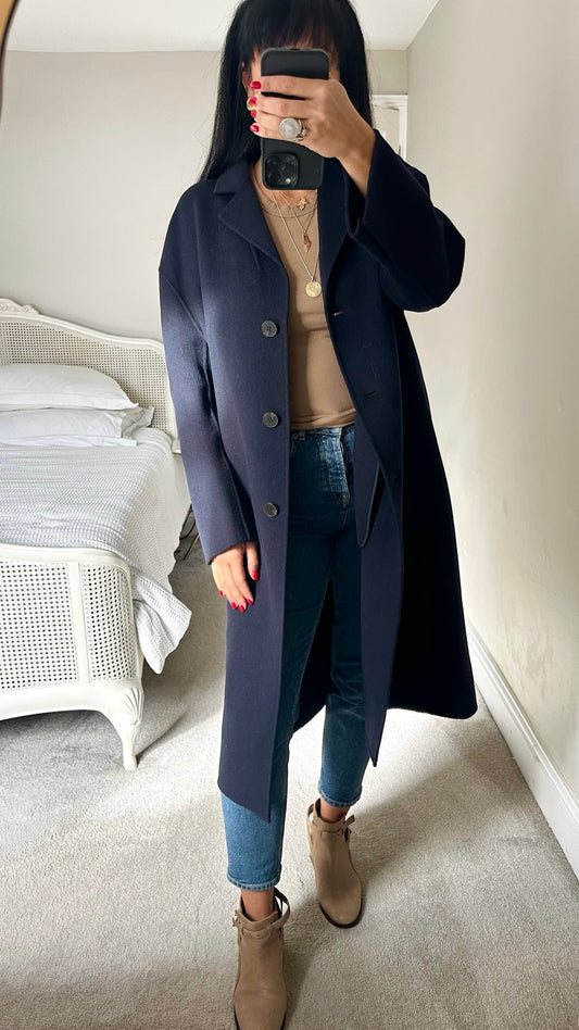 Jaeger navy blue wool blend long line coat extra large UK 14 vgc
