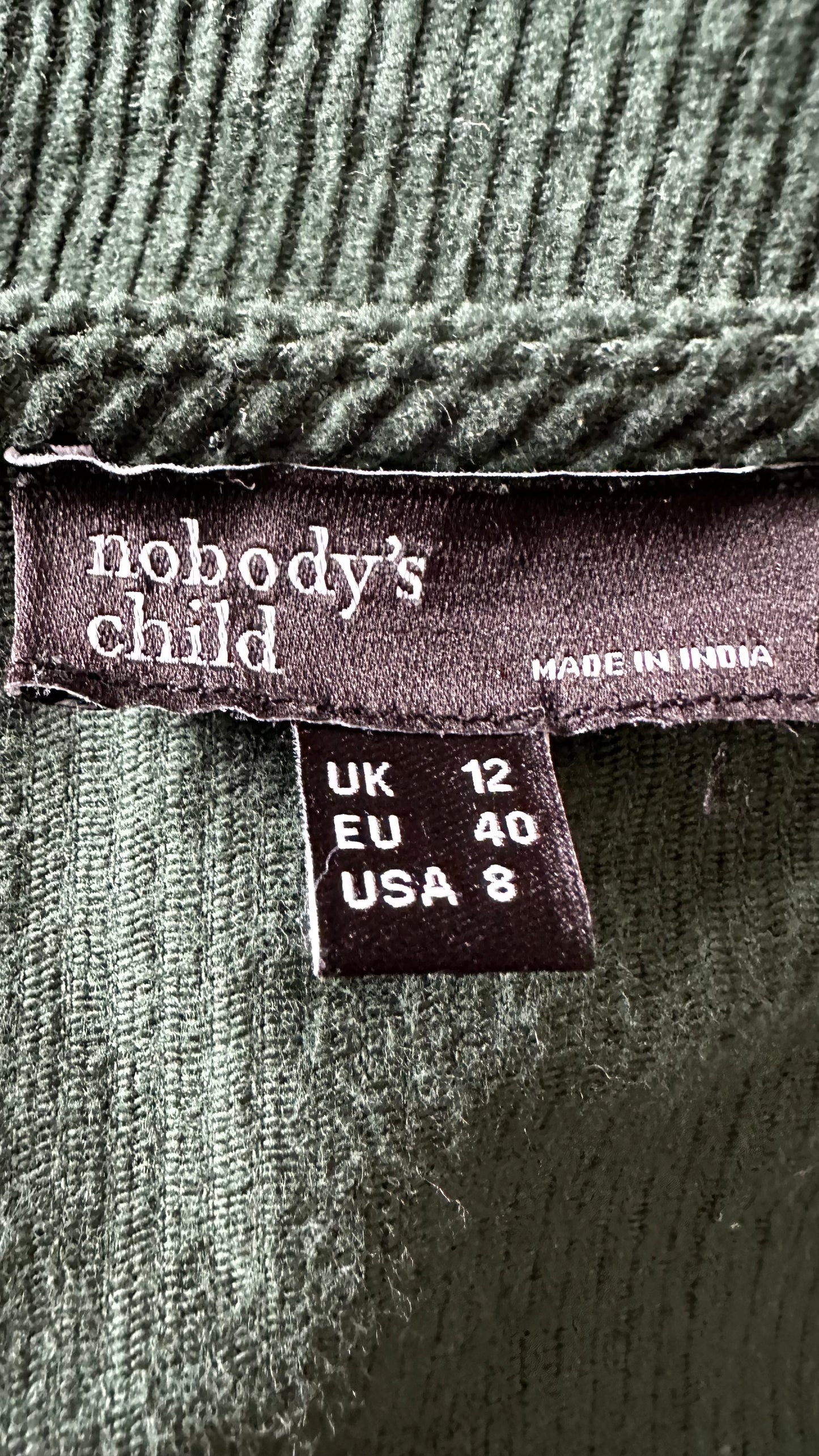 Nobody’s Child green corduroy mini tunic dress medium UK 12 vgc