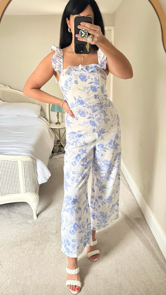 & Other stories blue white floral linen jumpsuit holiday medium M UK 12 vgc