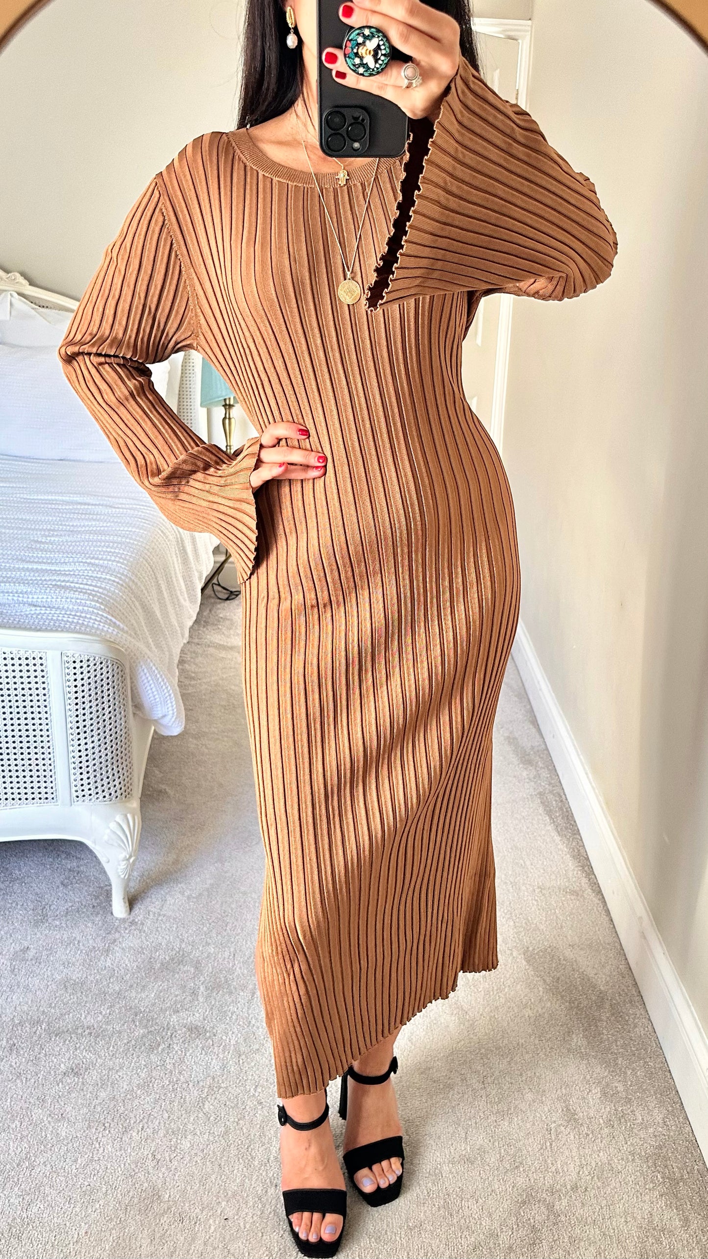 & other stories tan brown beige knitted jumper dress maxi large l UK 12 14