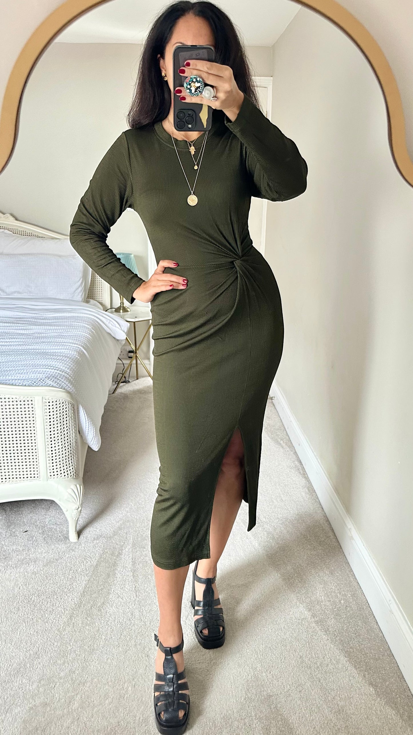 & other stories khaki green twist front ribbed side split midi dress small UK 8 vgc