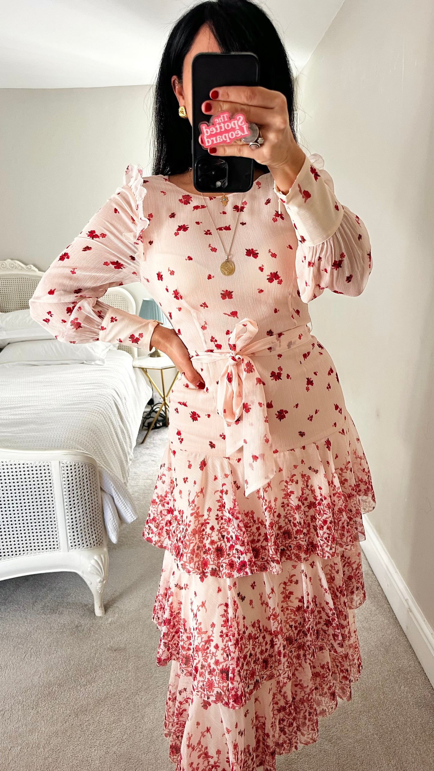 Whistles rose pink burgundy floral tiered midi long wedding guest dress small UK 8 vgc