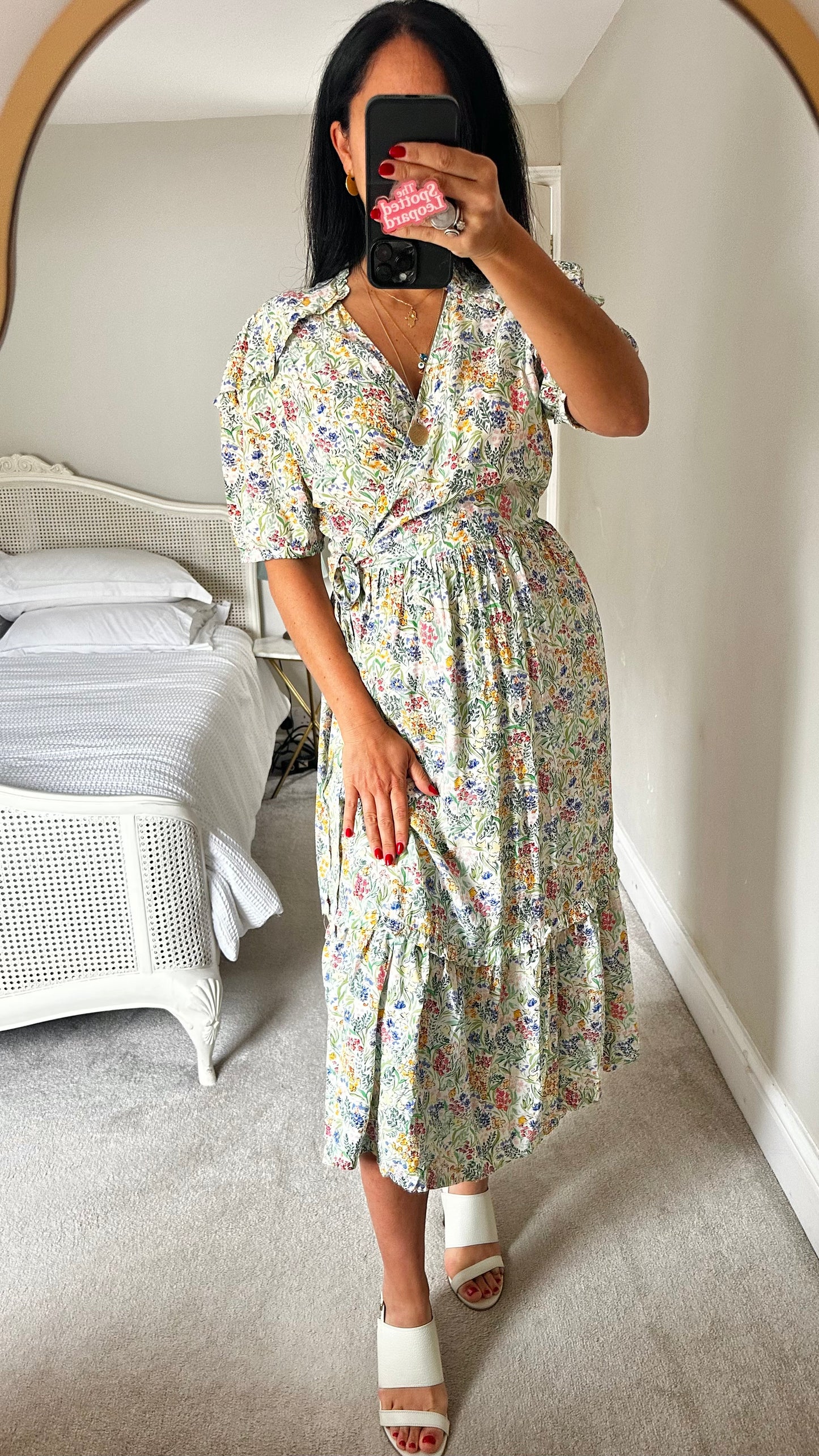 Albaray white blue green floral wrap midi dress medium UK 14 event