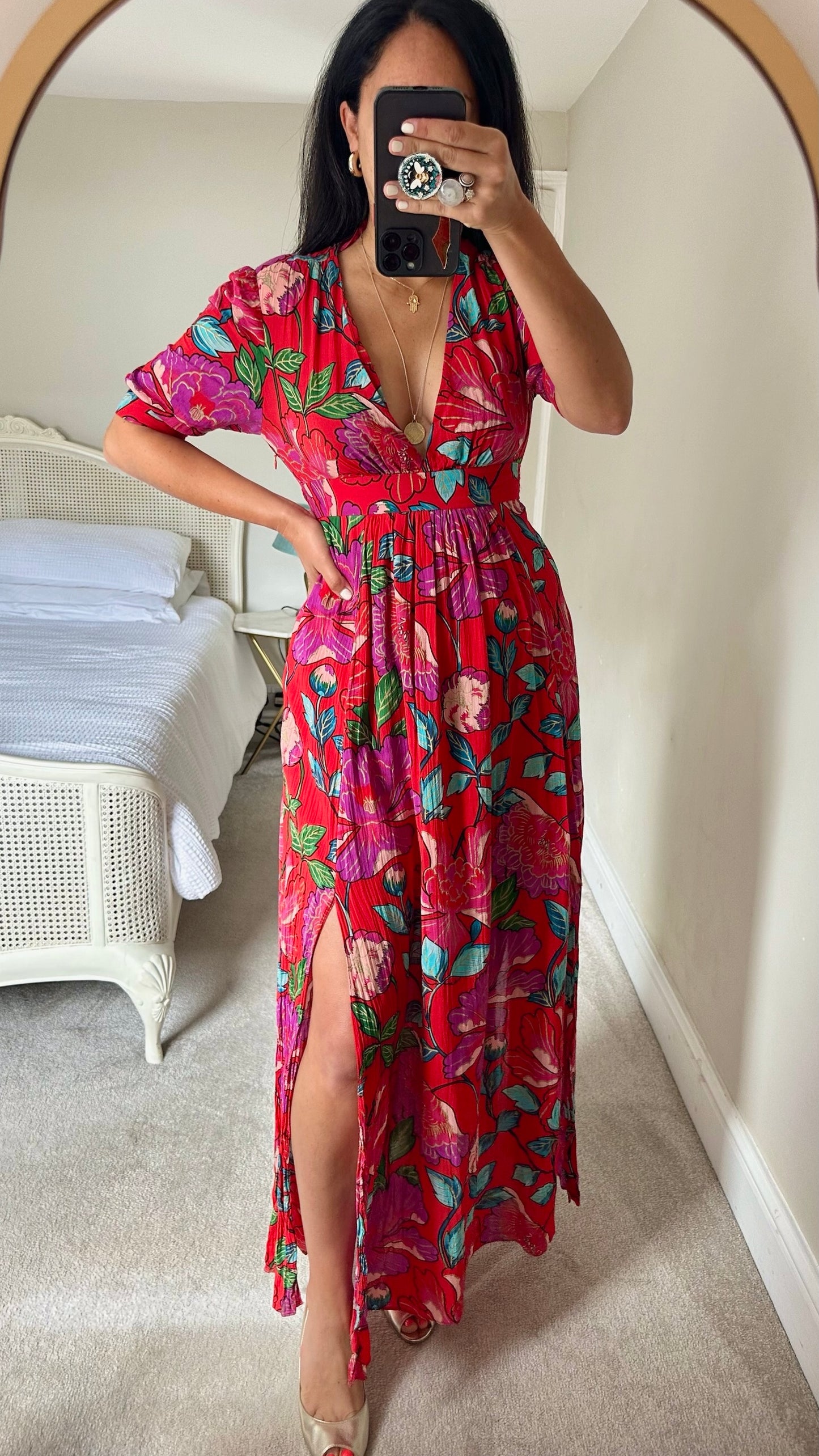 & other stories red double split tropical print maxi occasion dress small medium UK 8-10 vgc