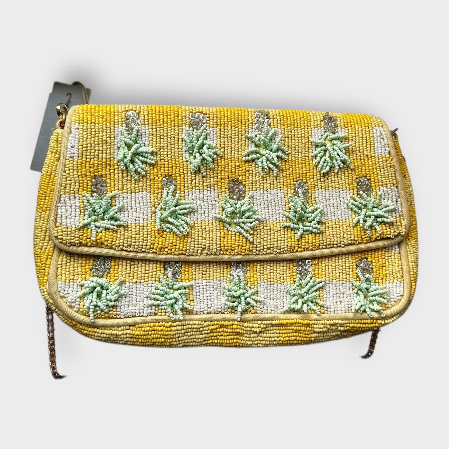 Oliver Bonas yellow white gingham check sequin pinapple 🍍 bag small new bnwot