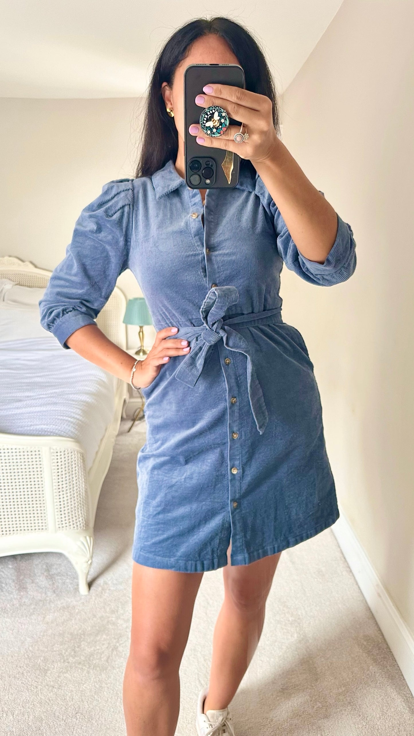 Selected Femme @Anthropologie light blue corduroy shirt tie belt mini dress extra small XS 6 8 vgc