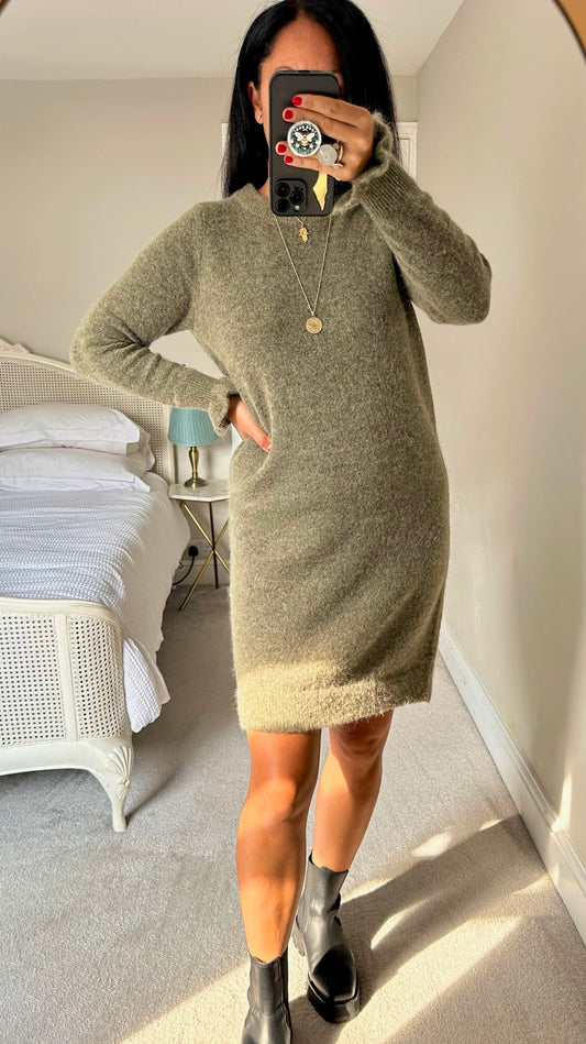 Selected femme khaki olive green knitted jumper dress alpaca blend medium UK 10 vgc w25