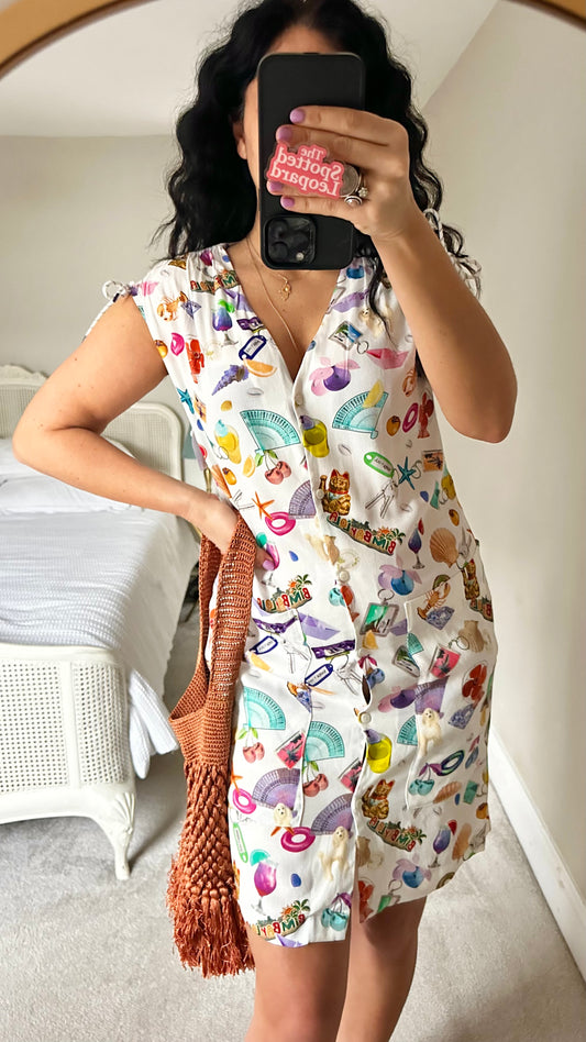 Bimba Y Lola white kitsch fan shell print lucky cat small event dress UK 8 new bnwt