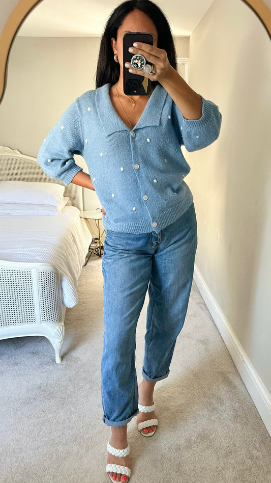 Numph @Anthroplogie light blue white polka dot large collar cardigan medium large ML UK 10-12 as new