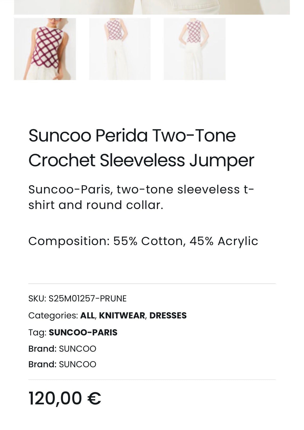 Suncoo burgundy cream check gingham crochet knitted tank top UK 10 new bnwt