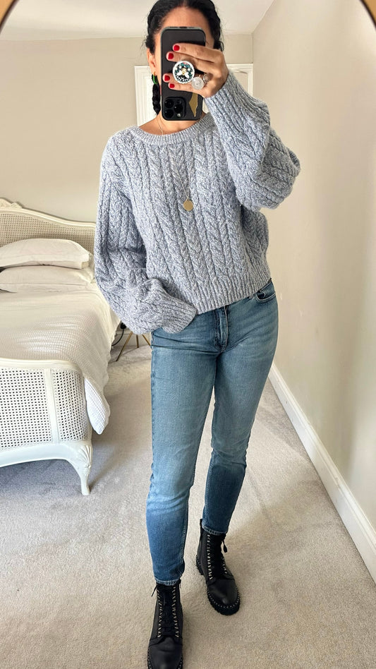 & other stories light blue white grey cable knit alpaca wool blend jumper extra large UK 14 vgc w25