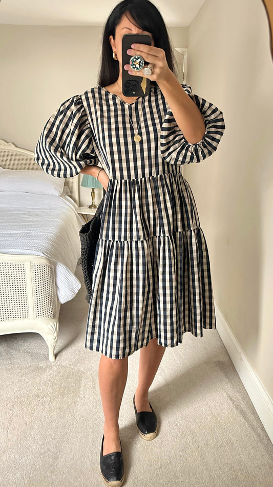 & other stories navy beige check gingham dress small medium UK 10 oversized vgc