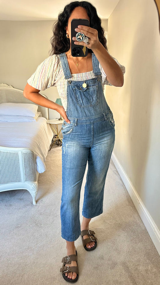 Mango light blue denim dungarees jeans jumpsuit trousers small UK 8 vgc