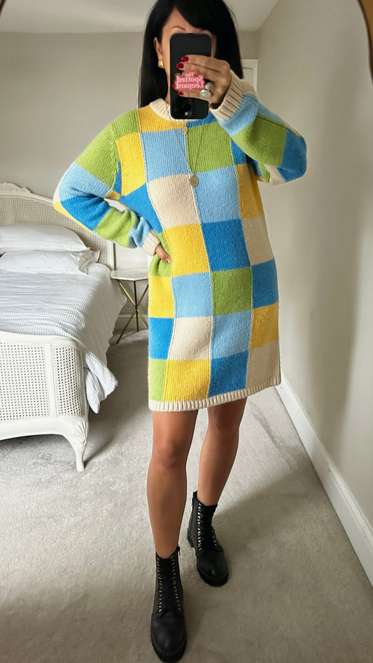 Kitri blue yellow green patchwork alpaca wool blend knitted mini dress large UK 12 vgc
