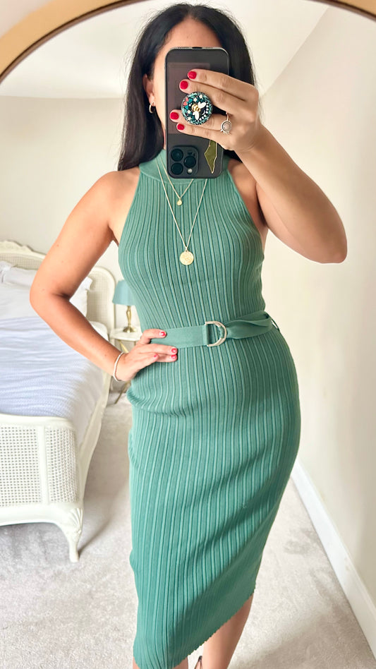 4th & Reckless @ Selfridges fine knit ribbed midi dress olive khaki green medium UK 10-12 new