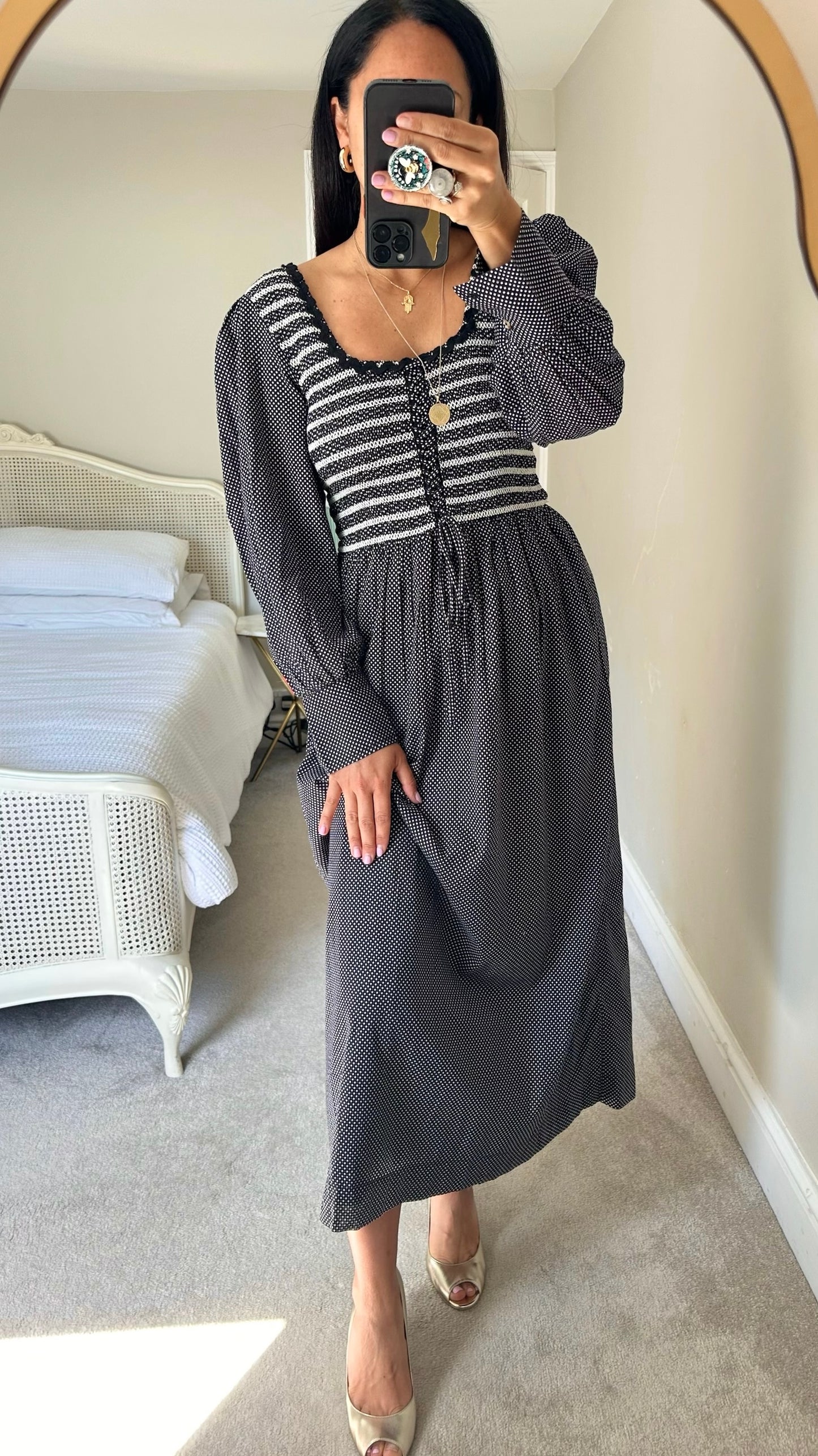 Damson Madder black white polka dot shirred bust vintage style maxi dress large L UK 12 vgc