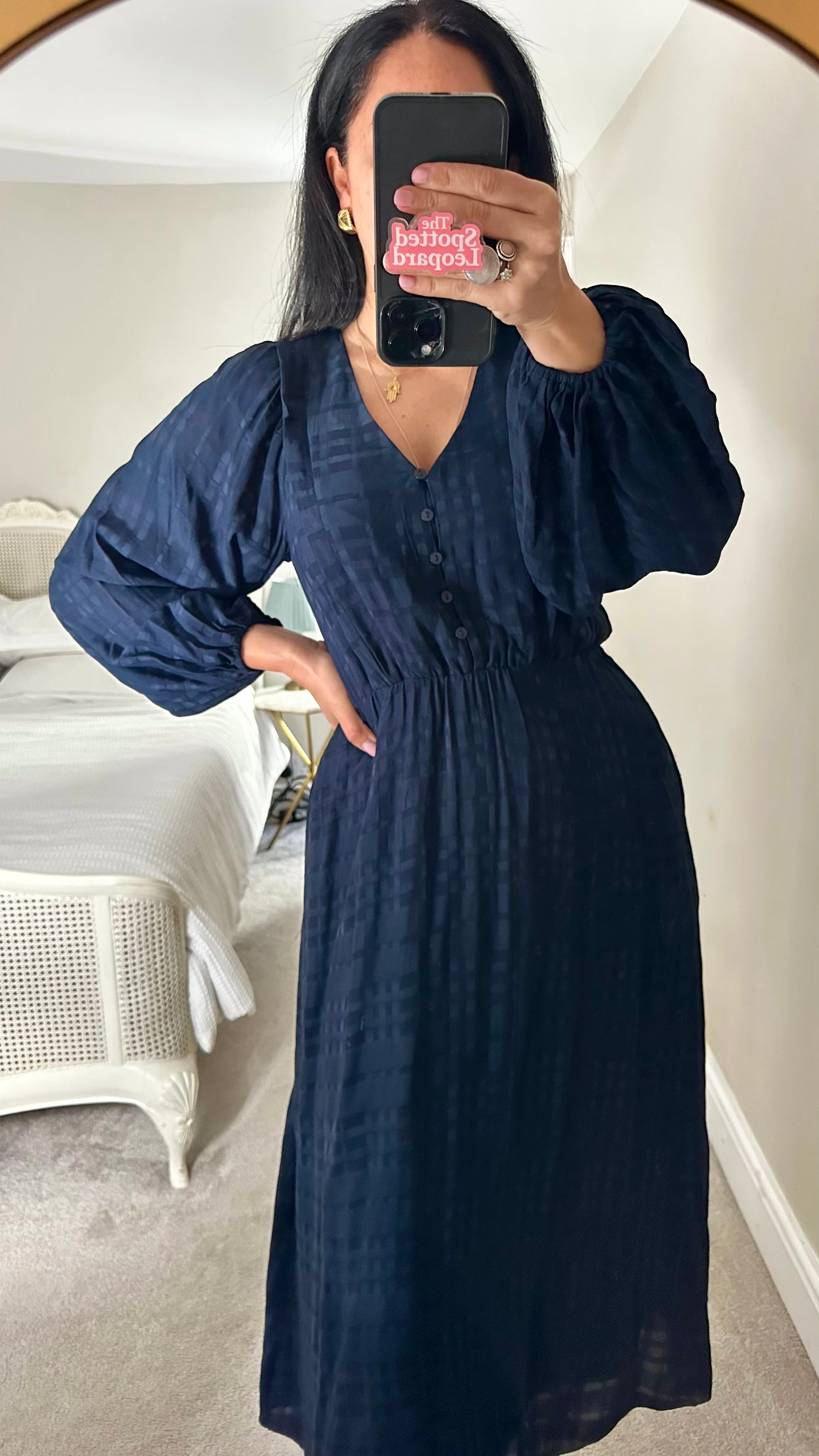 Oliver Bonas navy blue gingham check midi dress small UK 8 vgc