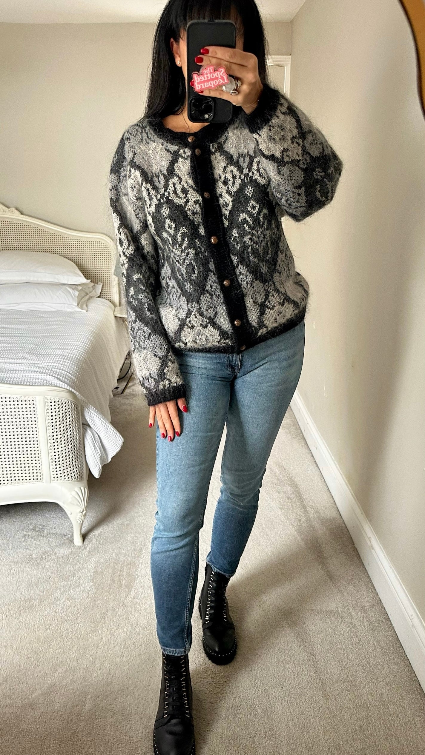 Pitlochry black grey monochrome vintage mohair blend button up cardigan small medium SM 8-10