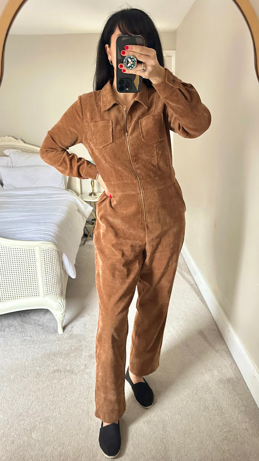 QED brown corduroy jumpsuit Playsuit  boiler suit large UK 12 vgc petite