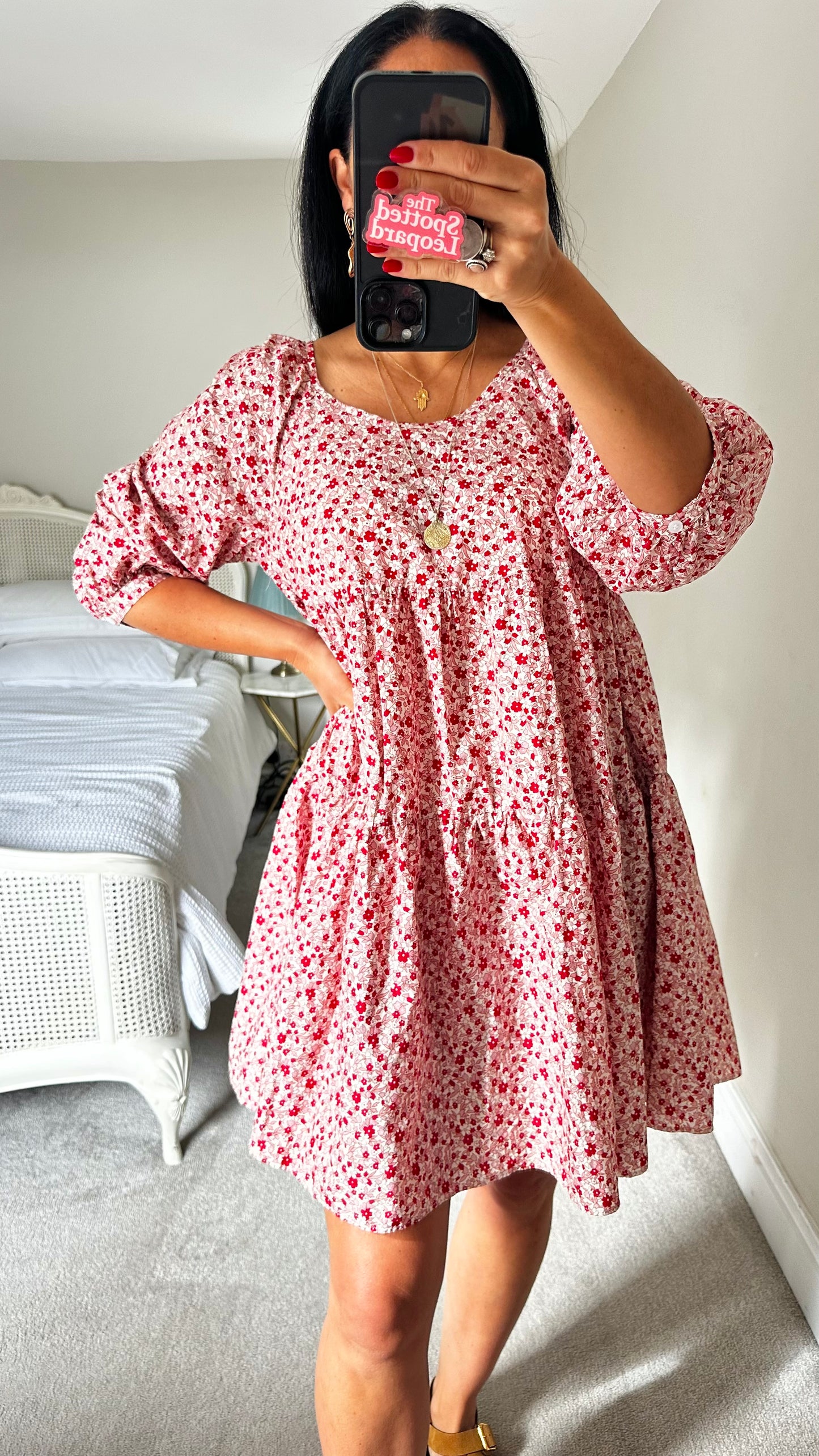 & other stories pink red floral tiered mini dress small medium UK 10 12 14