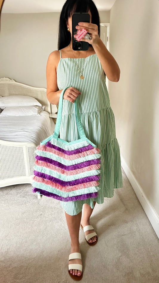Oliver Bonas green purple tan tassel beach bag holiday handbag large tote vgc