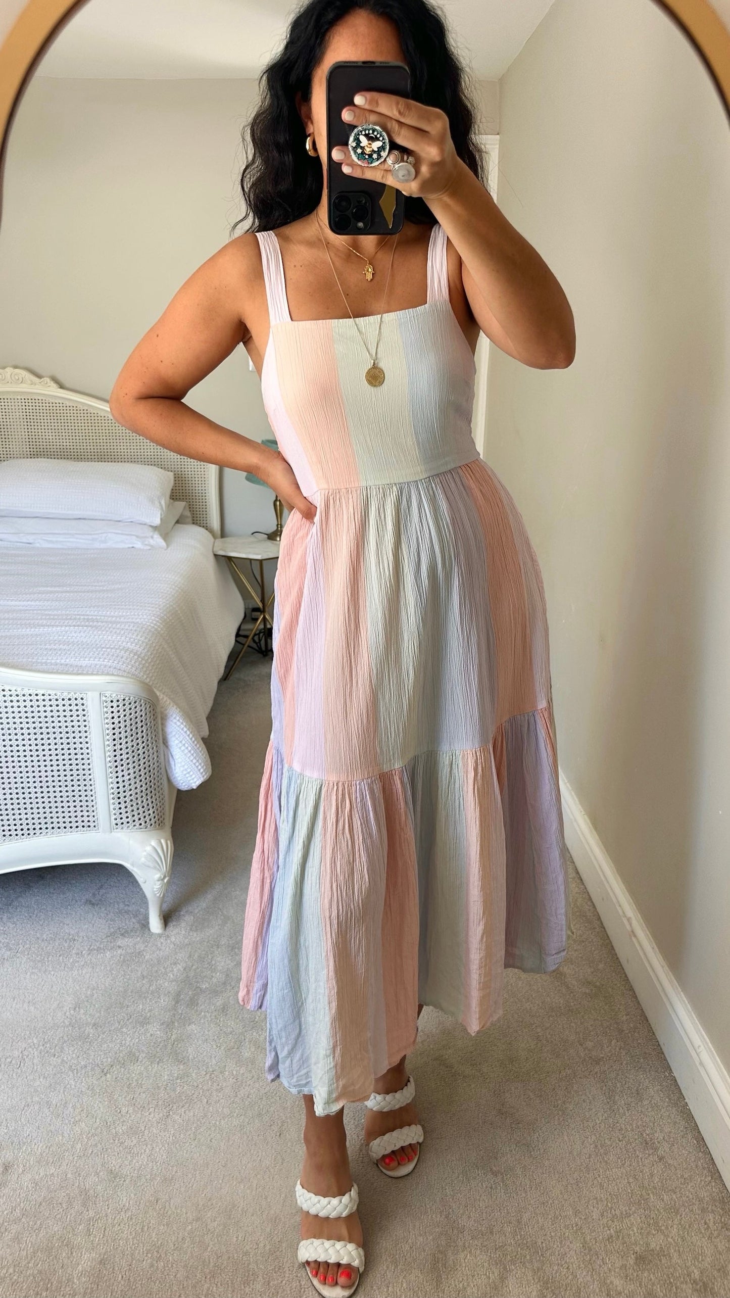 HUSH lilac rainbow green orange pink crinkle stripe plissé tie back backless holiday dress medium UK 12 new bnwt