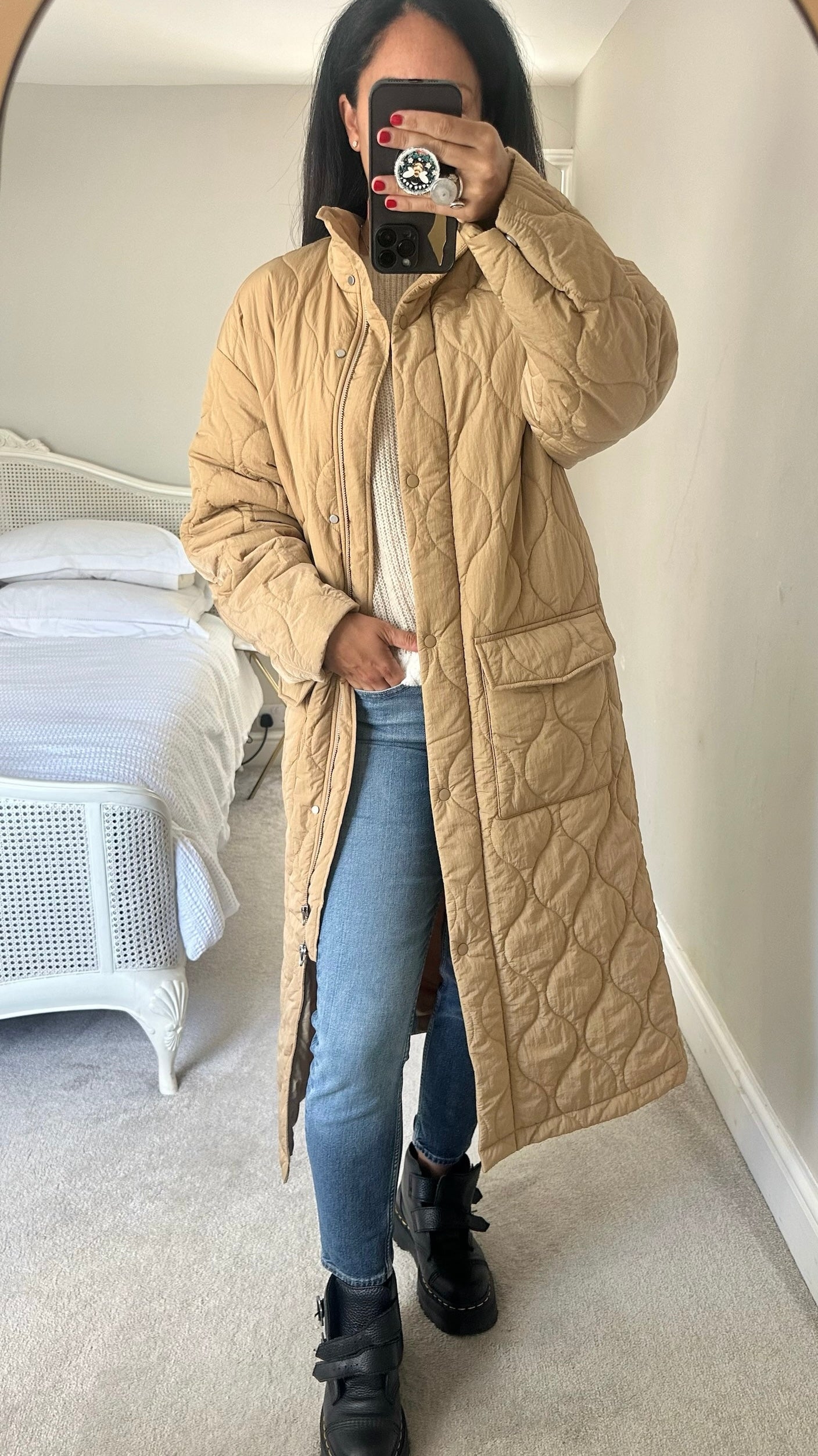 & other stories camel beige tan quilted long line coat small UK 8 vgc w25