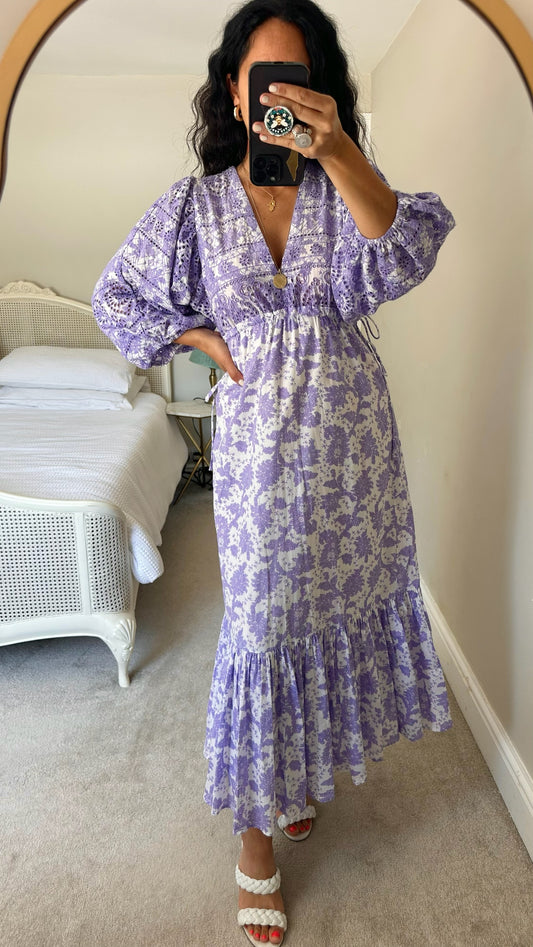 Stella forest @ Anthropologie lilac white boho printed maxi wedding guest dress medium UK 10 vgc