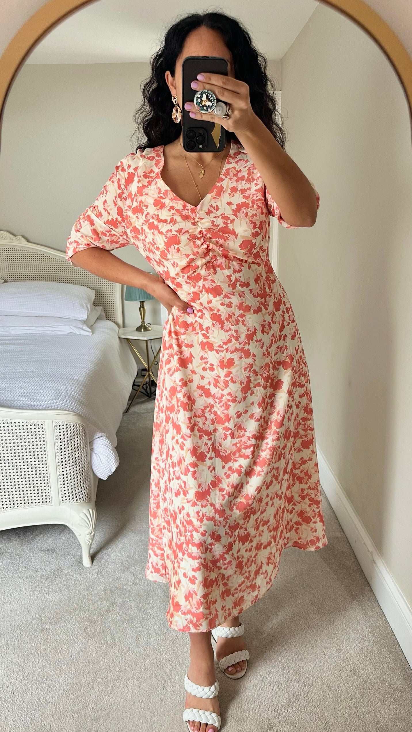 Iris & Ink @ Net-a-Porter coral apricot cream leaf print maxi dress wedding large L UK 12 vgc