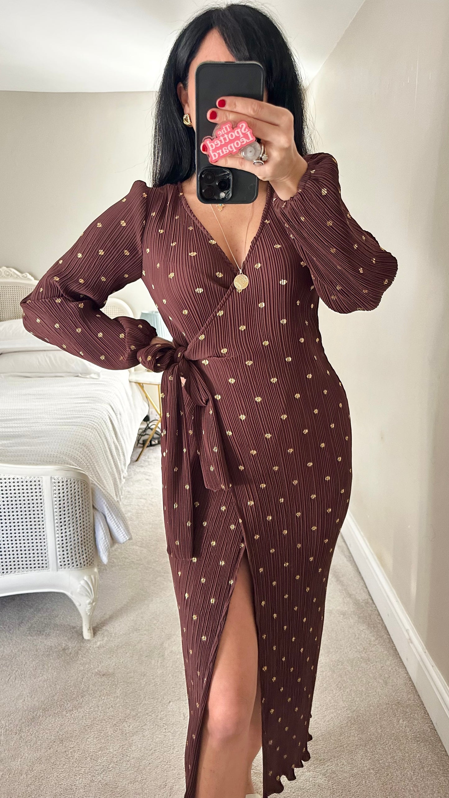 Never Fully Dressed brown gold polka dot plissé midi wrap dress extra small UK 6-8 vgc