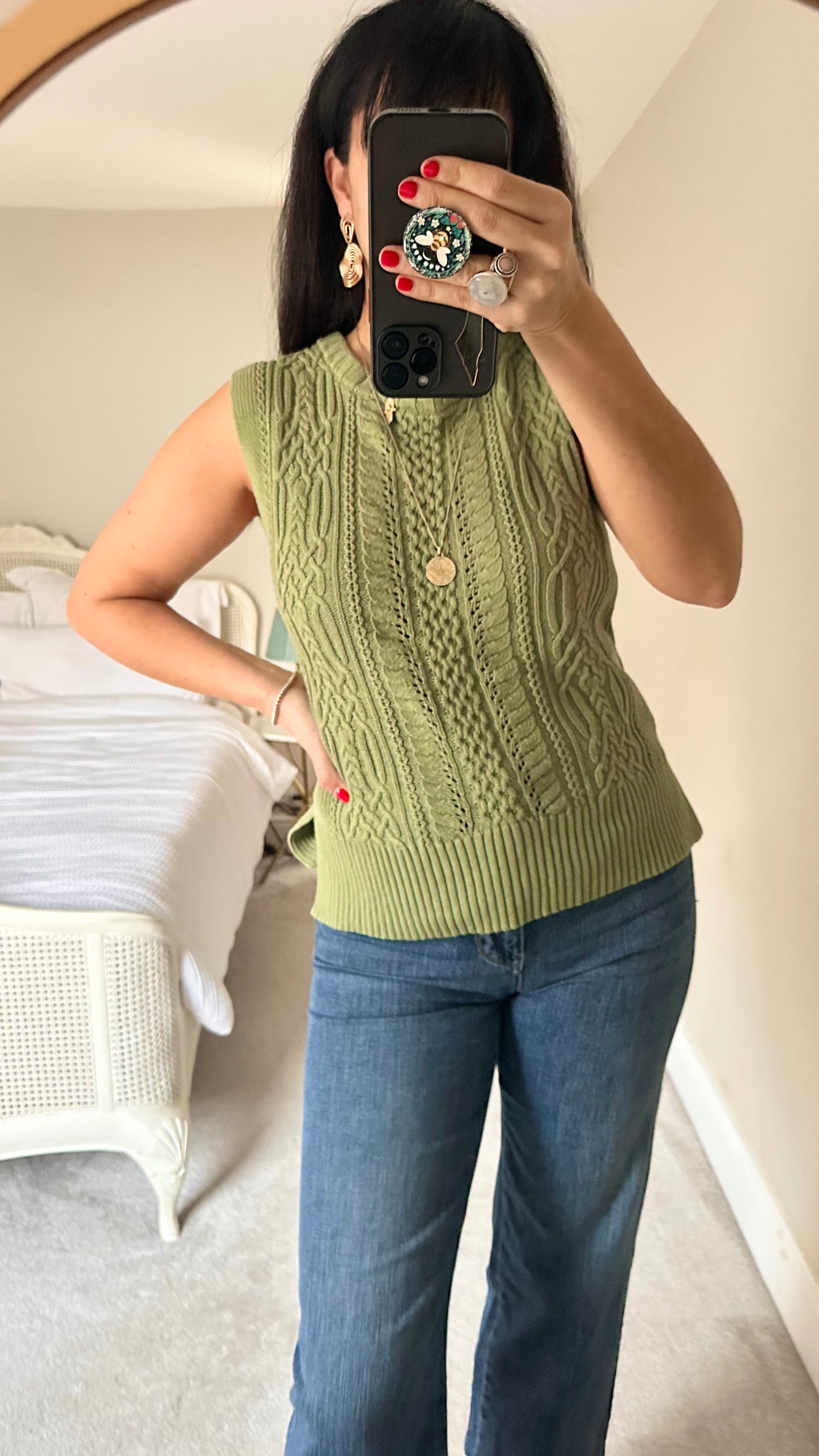 Colour Eighteen khaki olive green knitted waistcoat vest tank top cable knitted cotton small medium UK 10