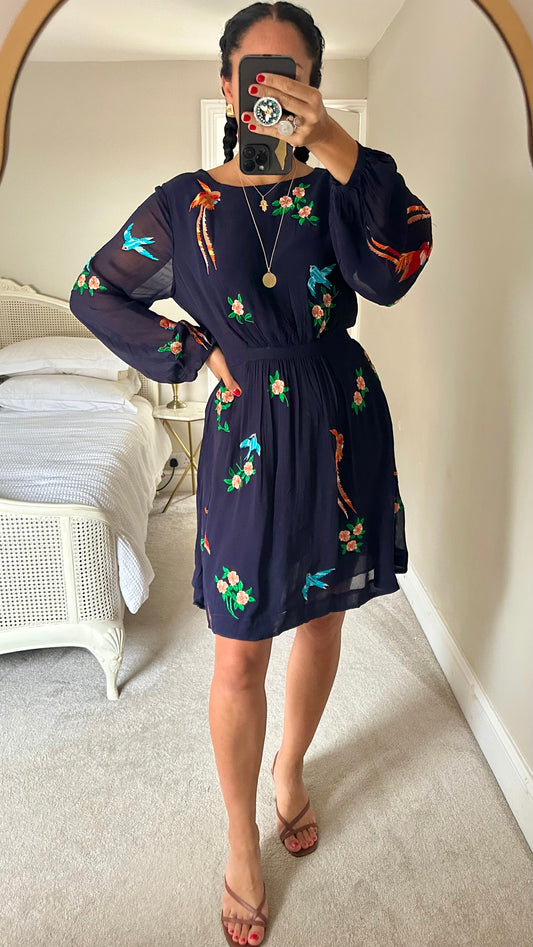 Whistles navy blue bird print embroidered event dress extra large UK 12-14 vgc w25