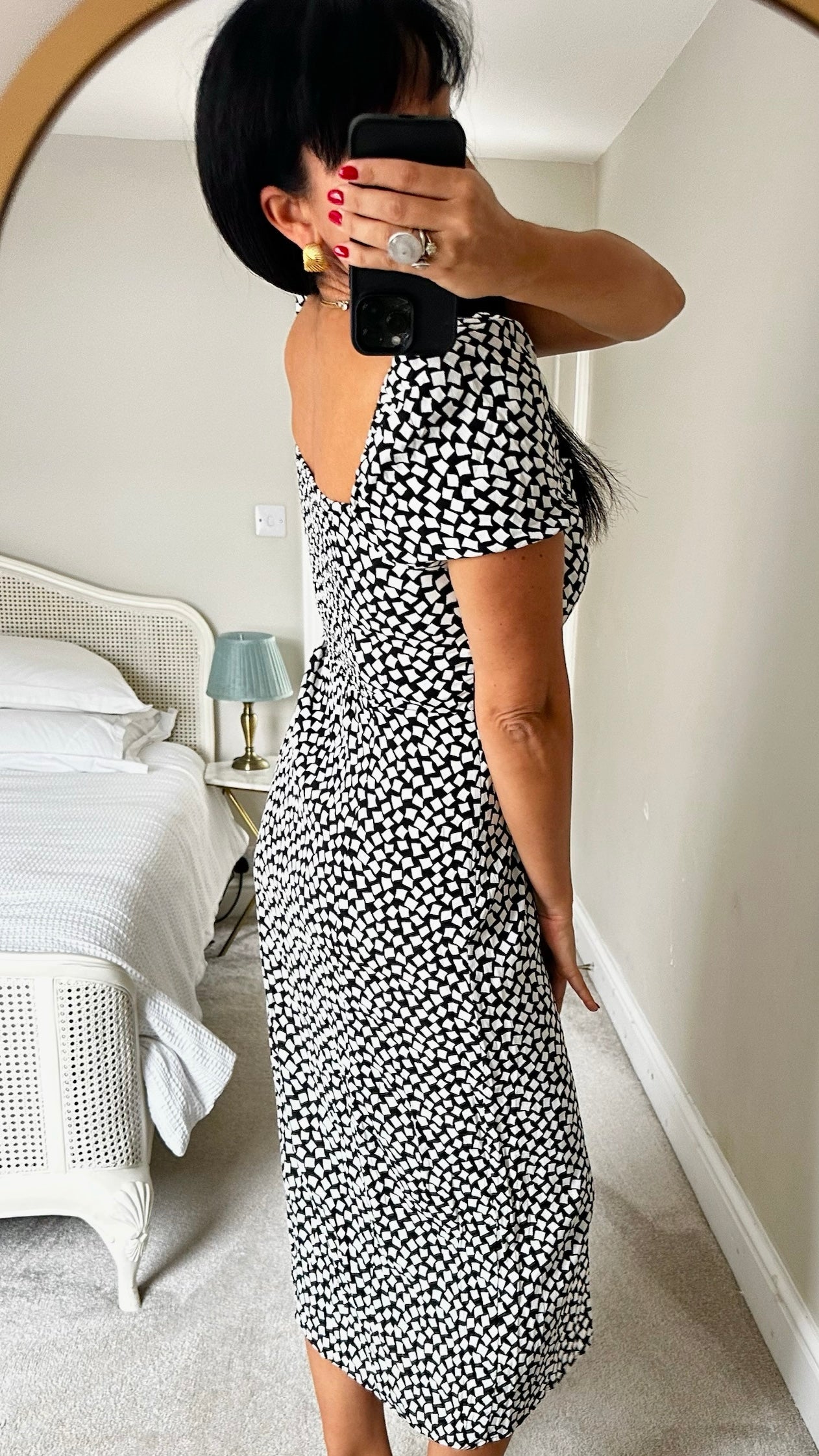 & other stories black white squares print side split midi dress large UK 12 vgc