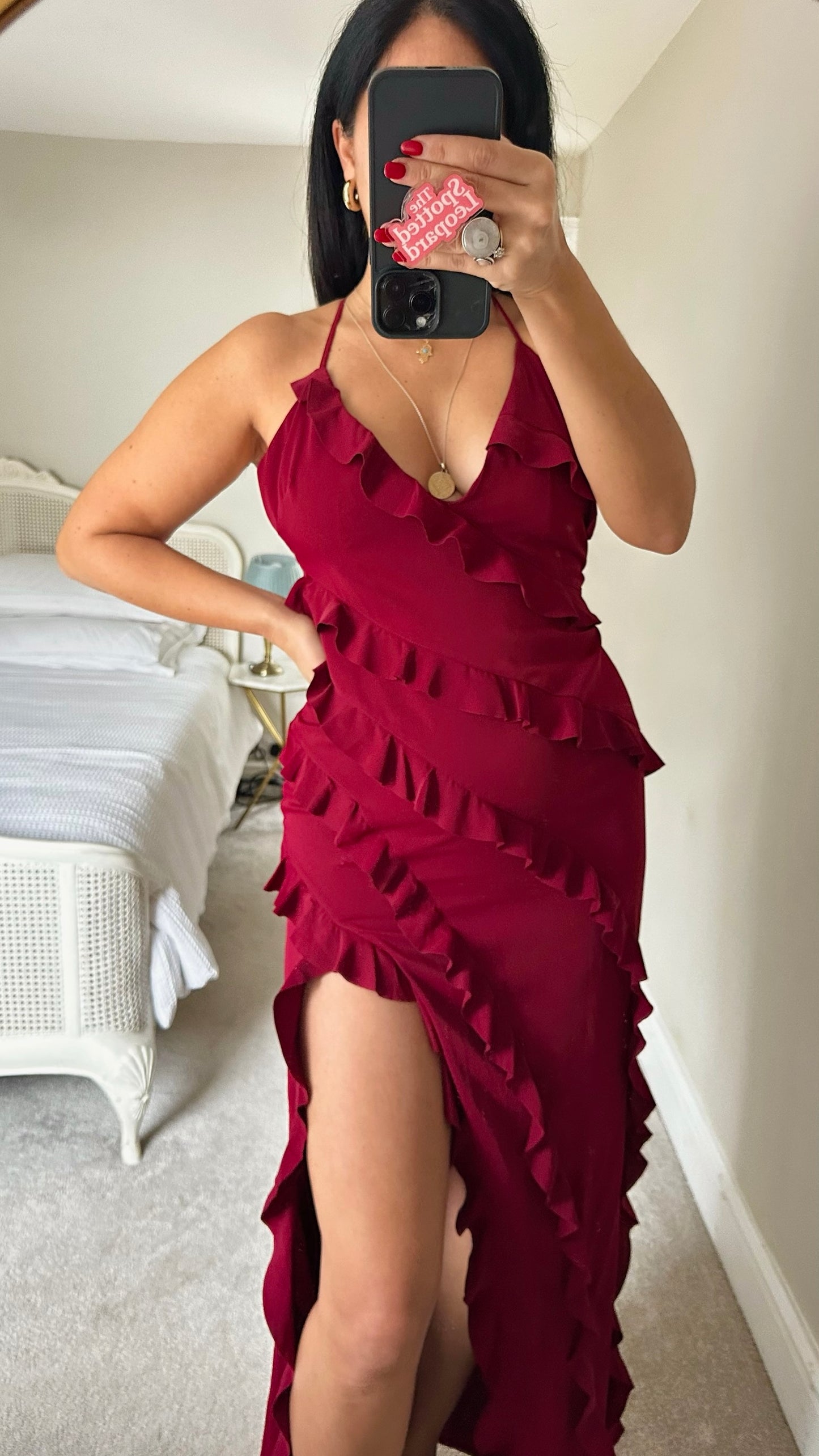 Club L burgundy ruffle v neck side split maxi event dress medium UK 10 vgc XMS25