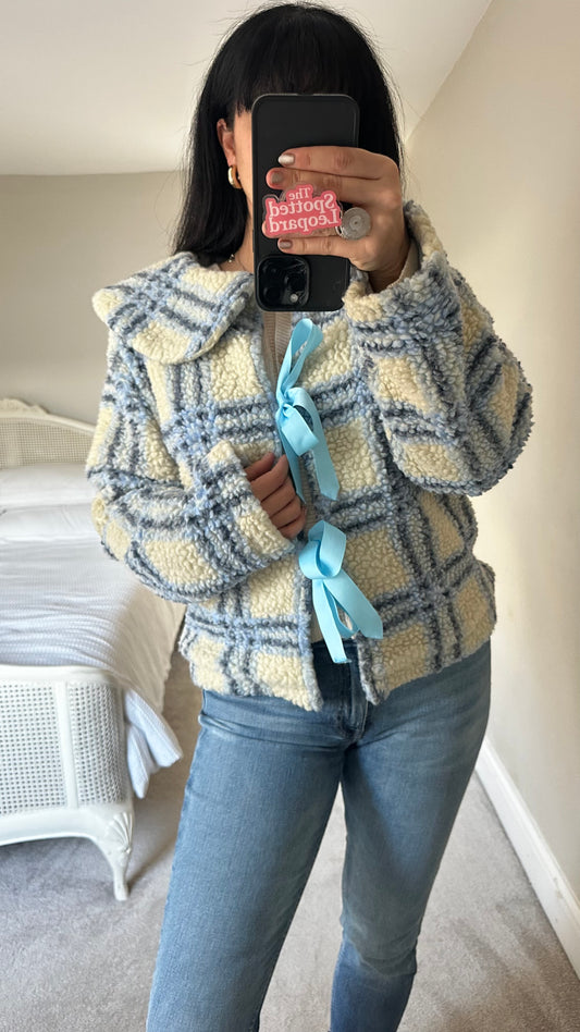 Damson Madder light blue cream gingham check tartan bow front coat fleece jacket medium UK 12 kitsch vgc