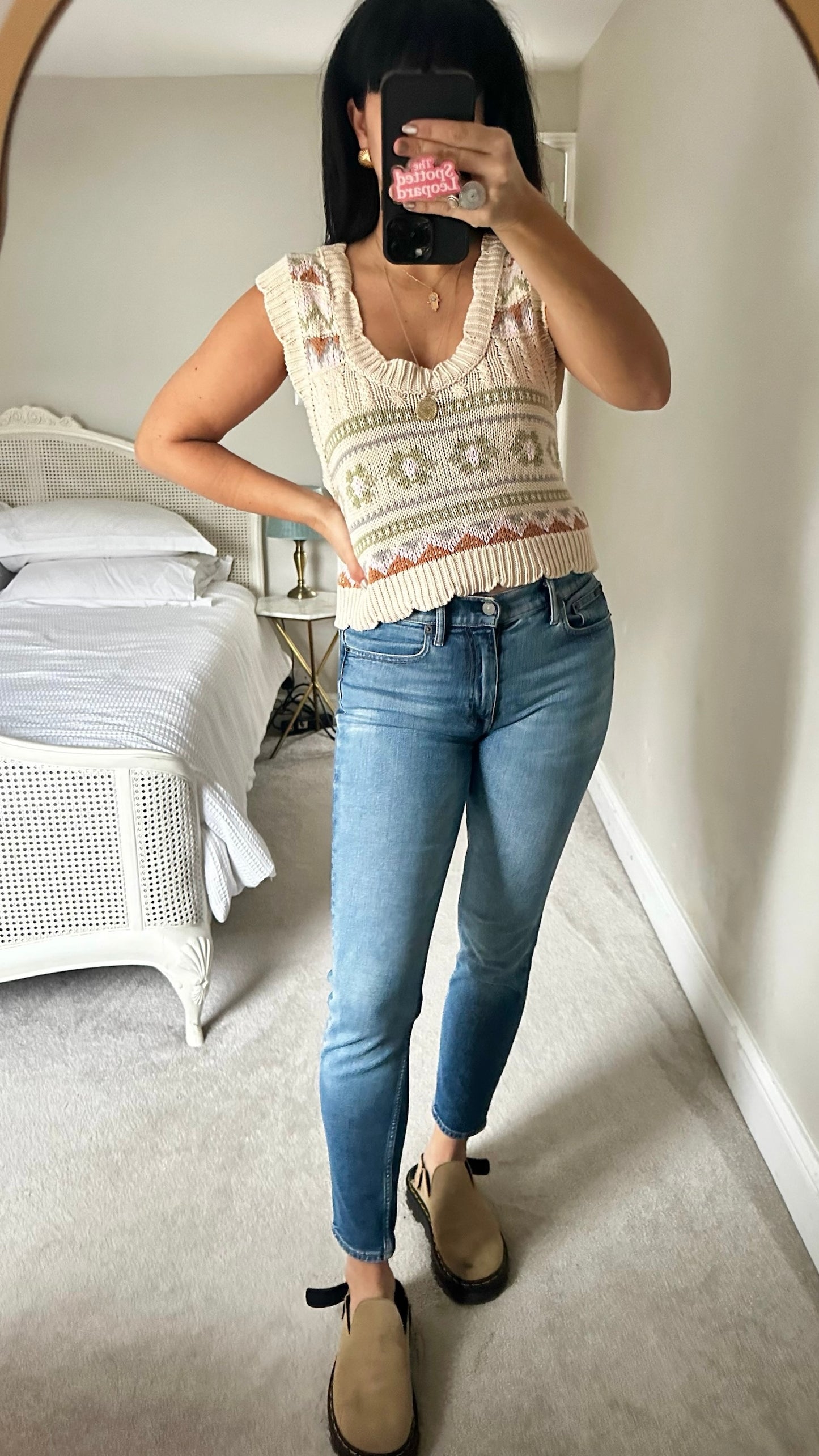 Anthropologie cream olive green vintage style crotchet knit top vest L large UK 14 excellent used condition