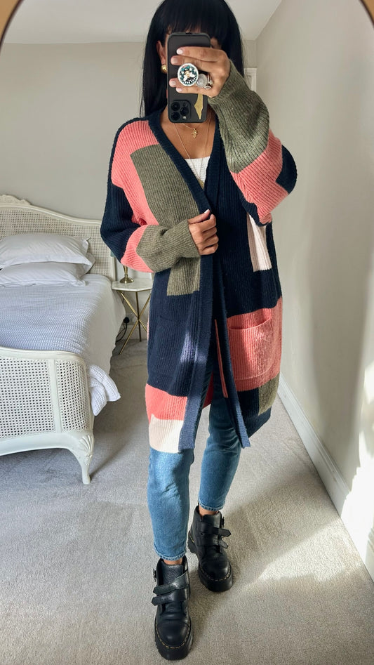 Numpth @Anthropologie navy blue coral khaki open knitted long cardigan jumper large L UK 12-14 excellent used condition