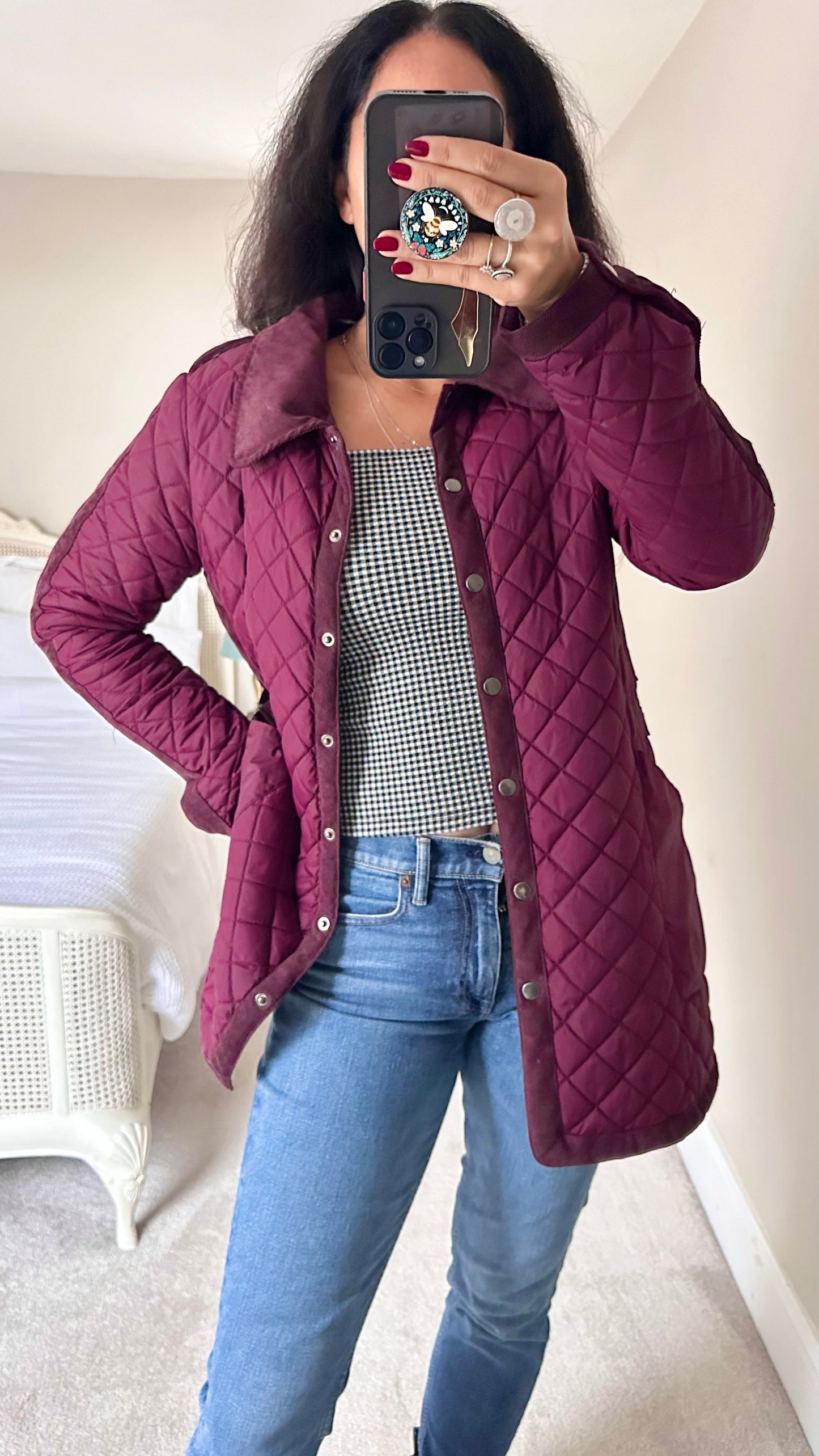 Warehouse burgundy red quilted jacket coat large UK 12-14 vgc