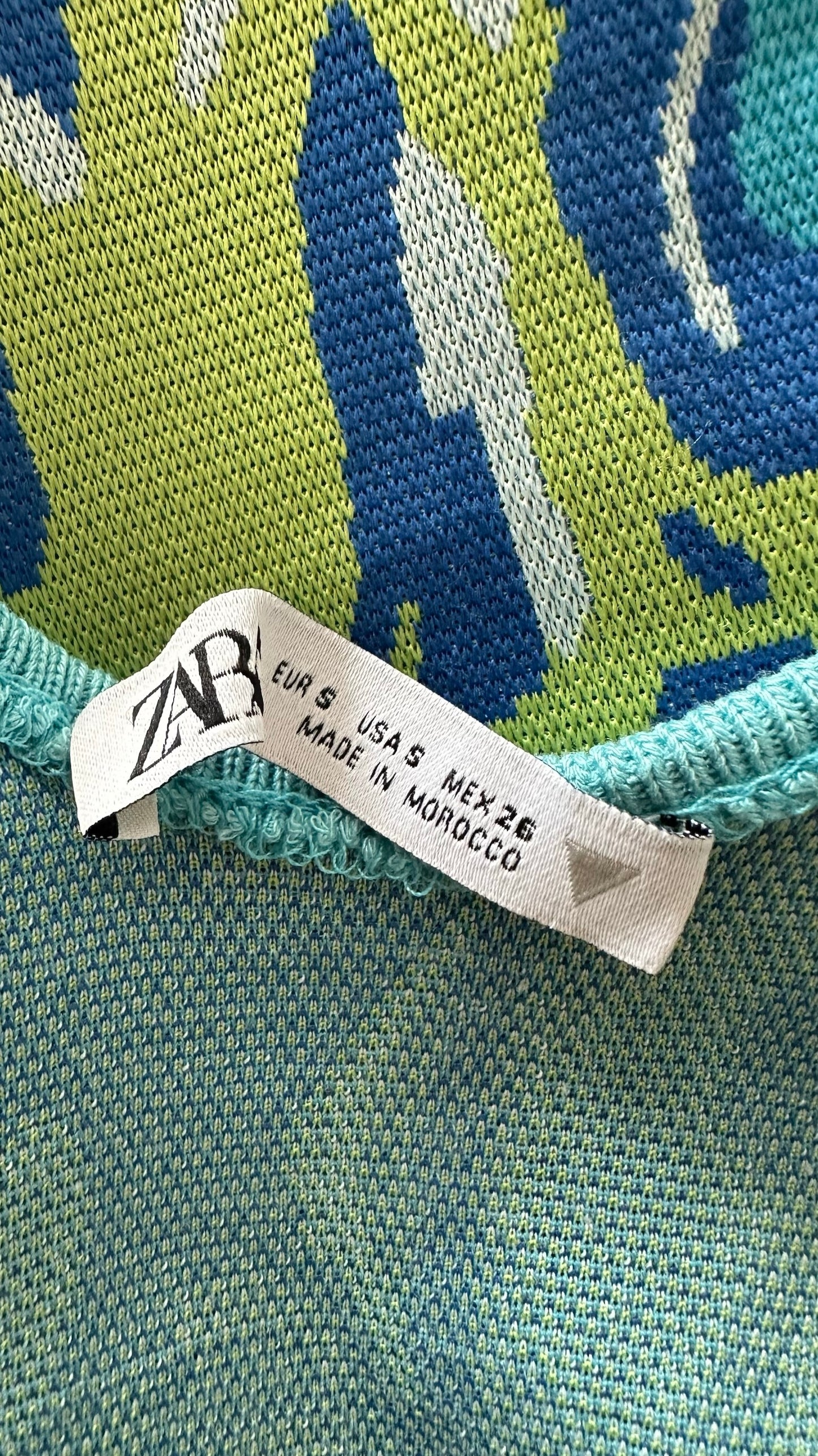 Zara blue green spiral wave hippy pattern midi dress holiday small S UK 8 vgc