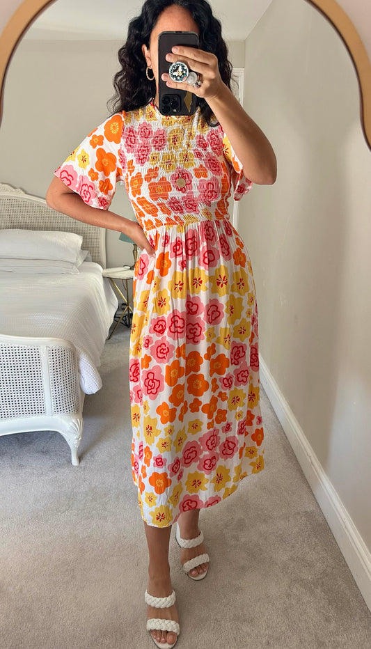 Never fully dressed floral orange yellow white pink holiday wedding event dress medium UK 10 vgc