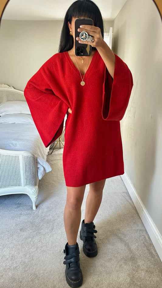 Cos bright red oversize sleeve pure wool knitted jumper mini dress extra large XL UK 14-16 BNWT