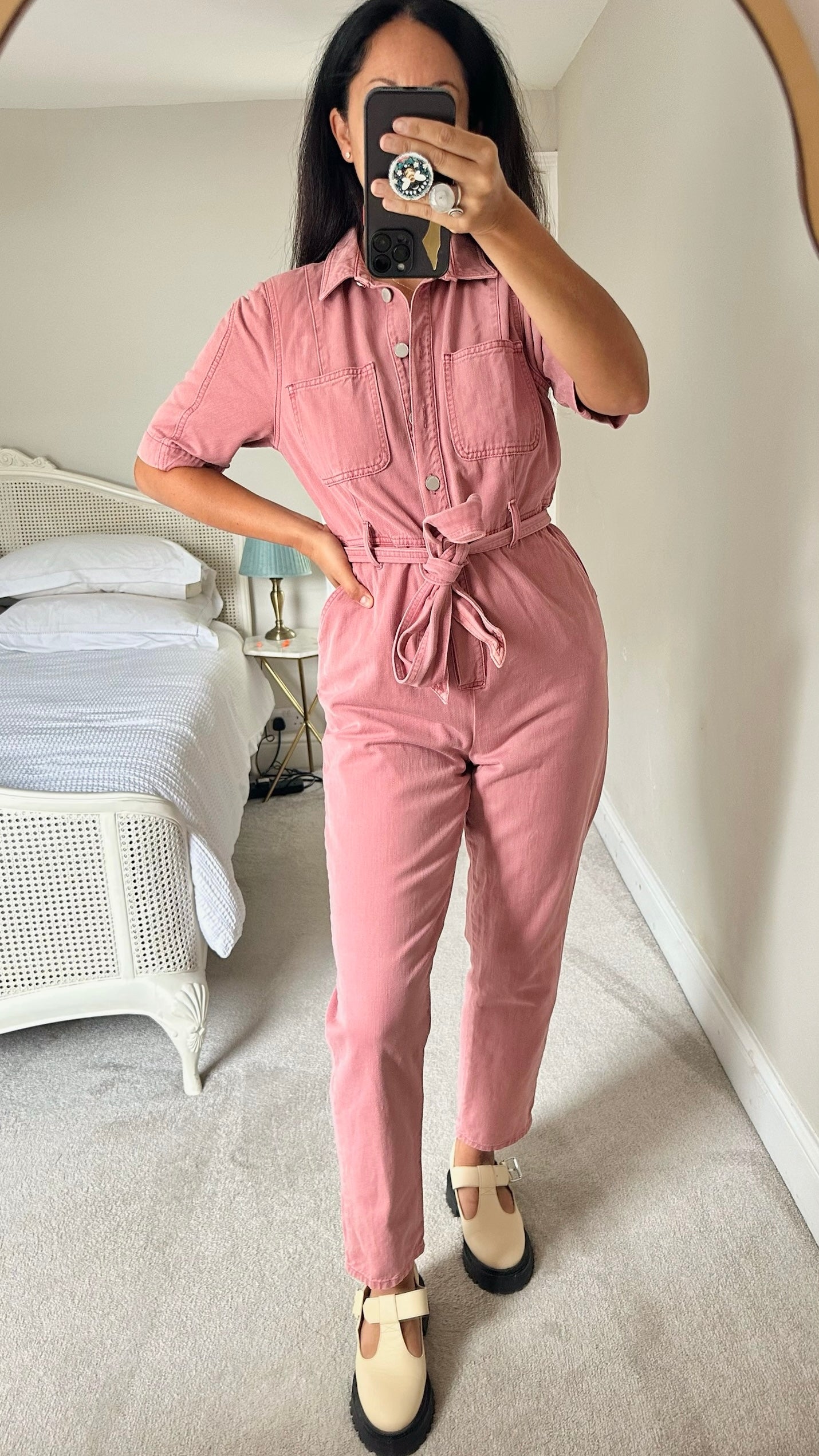 Mint velvet soft pink denim button up jumpsuit boilersuit L large UK 12 excellent used condition W25