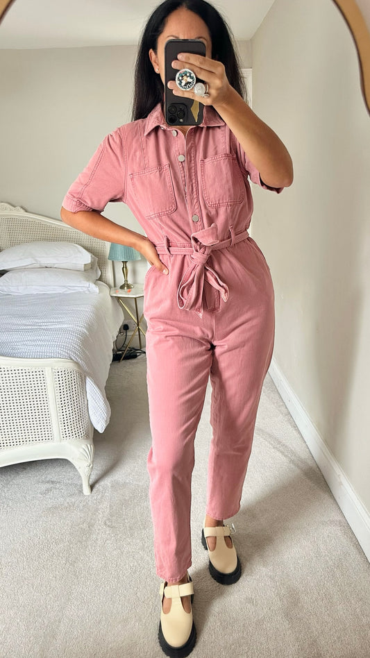 Mint velvet soft pink denim button up jumpsuit boilersuit L large UK 12 excellent used condition W25