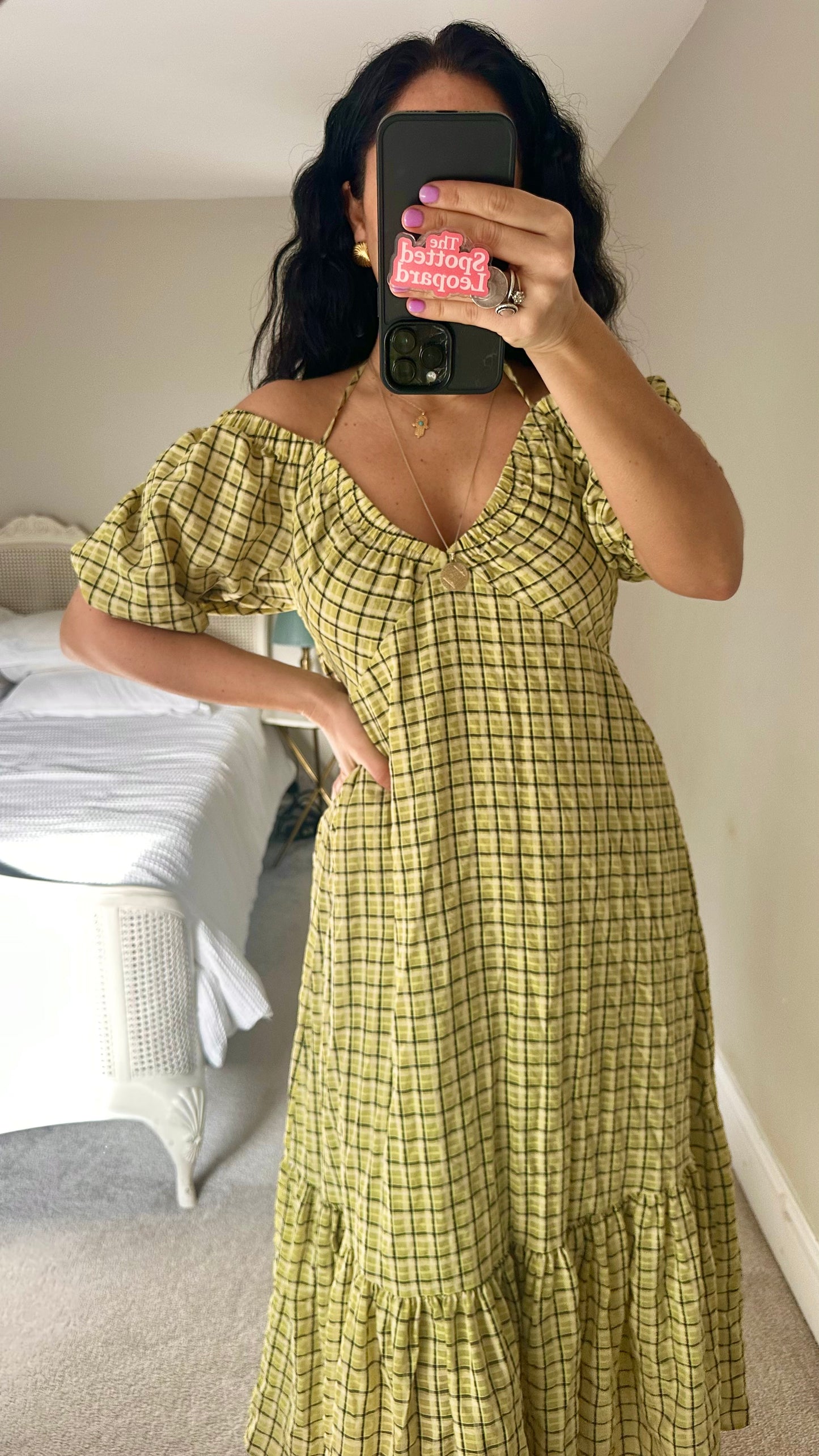 Topshop acid yellow green gingham check long midi dress medium UK 14 vgc