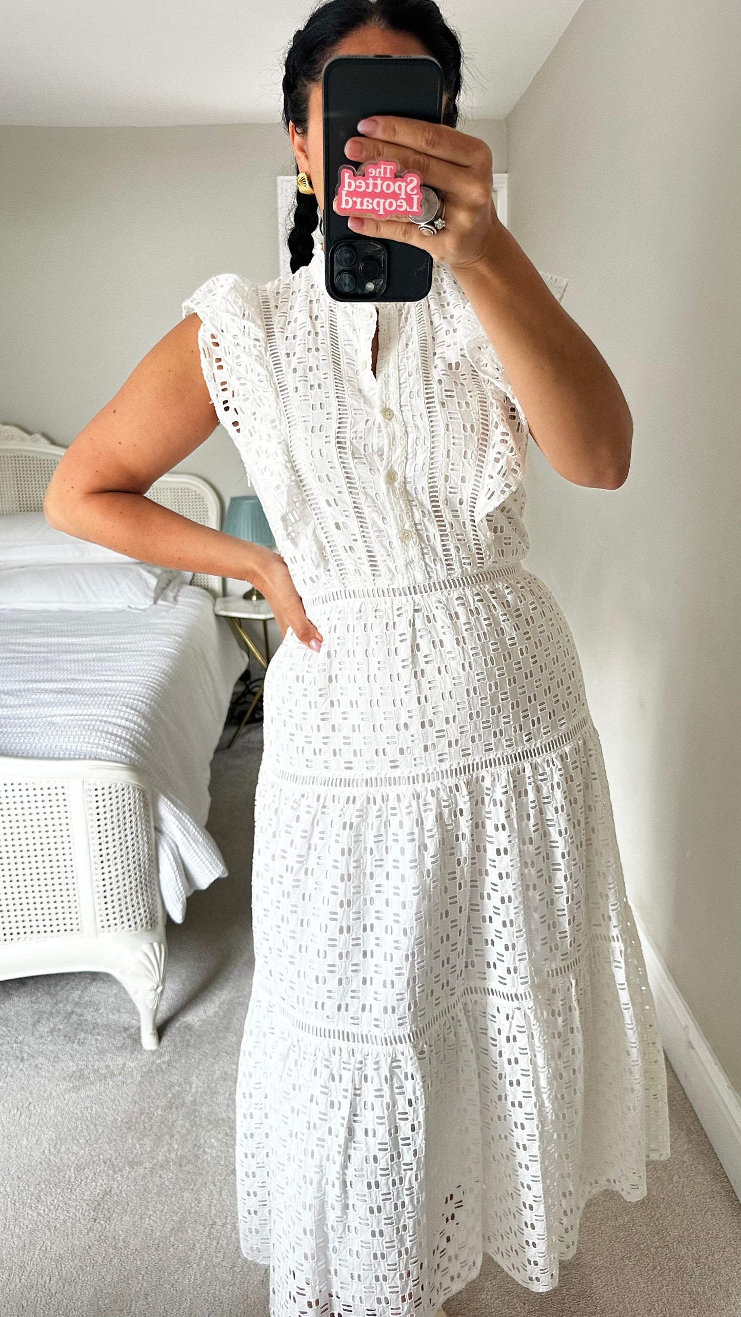 Jigsaw white broderie anglaise long midi holiday dress small UK 10 vgc