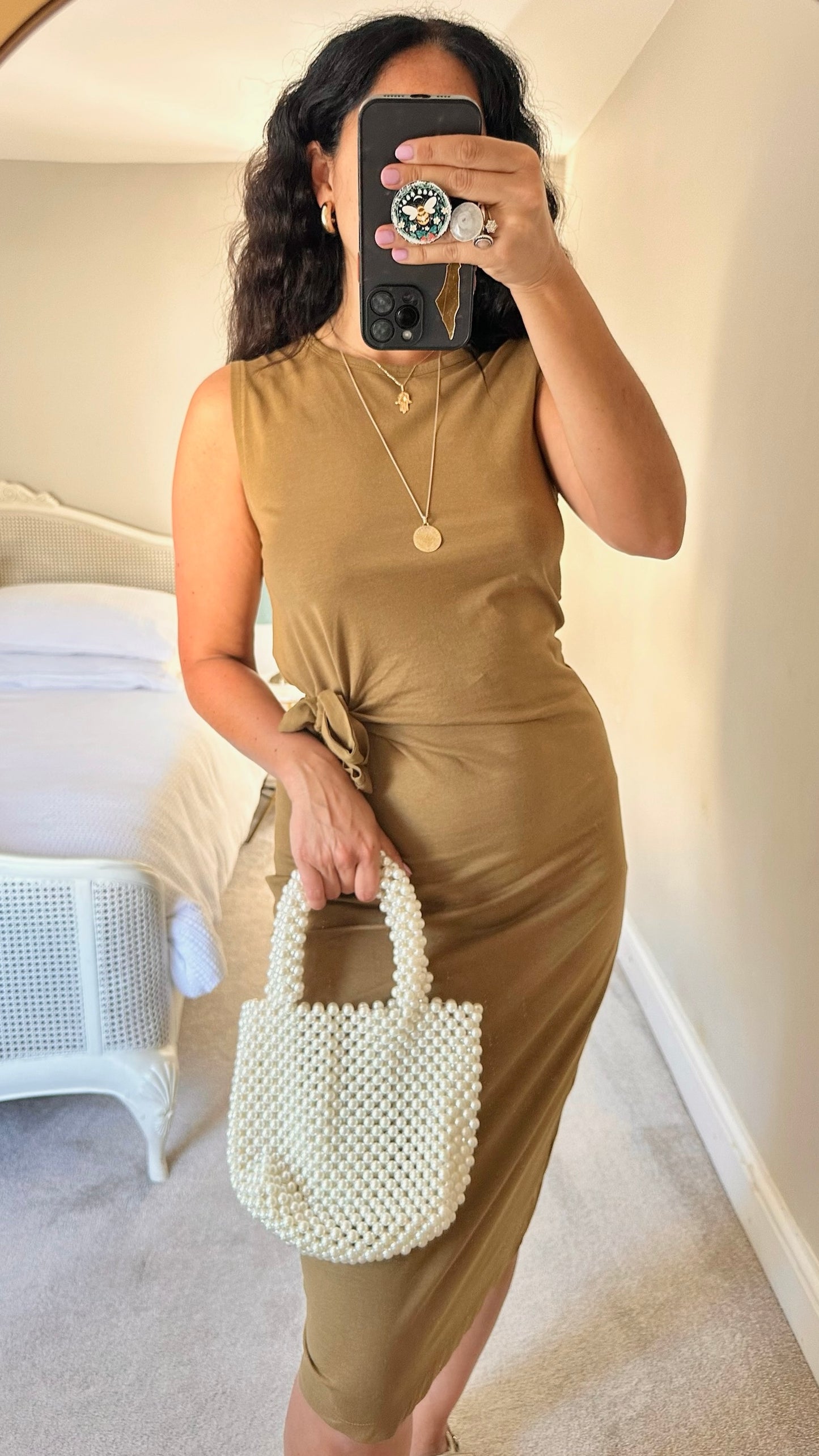 Mango khaki green casual jersey midi dress side tie small medium SM UK 8-10