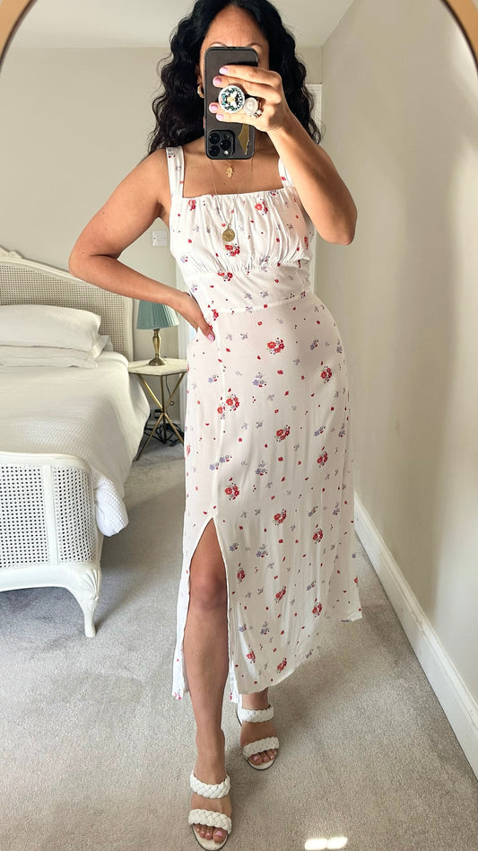 Mango white red poppy print side split maxi dress holiday extra large XL UK 12-14 vgc