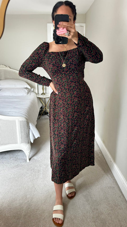 Nobody’s Child black red cherry fruit print midi long dress medium UK 14 vgc