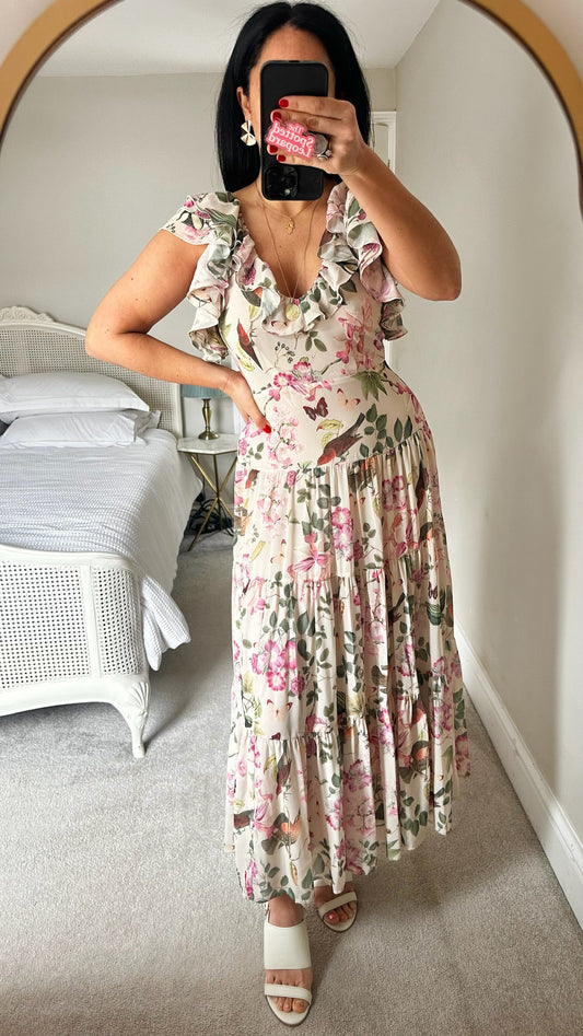 & other stories floral bird cream pink long wedding guest event dress small UK 10 vgc