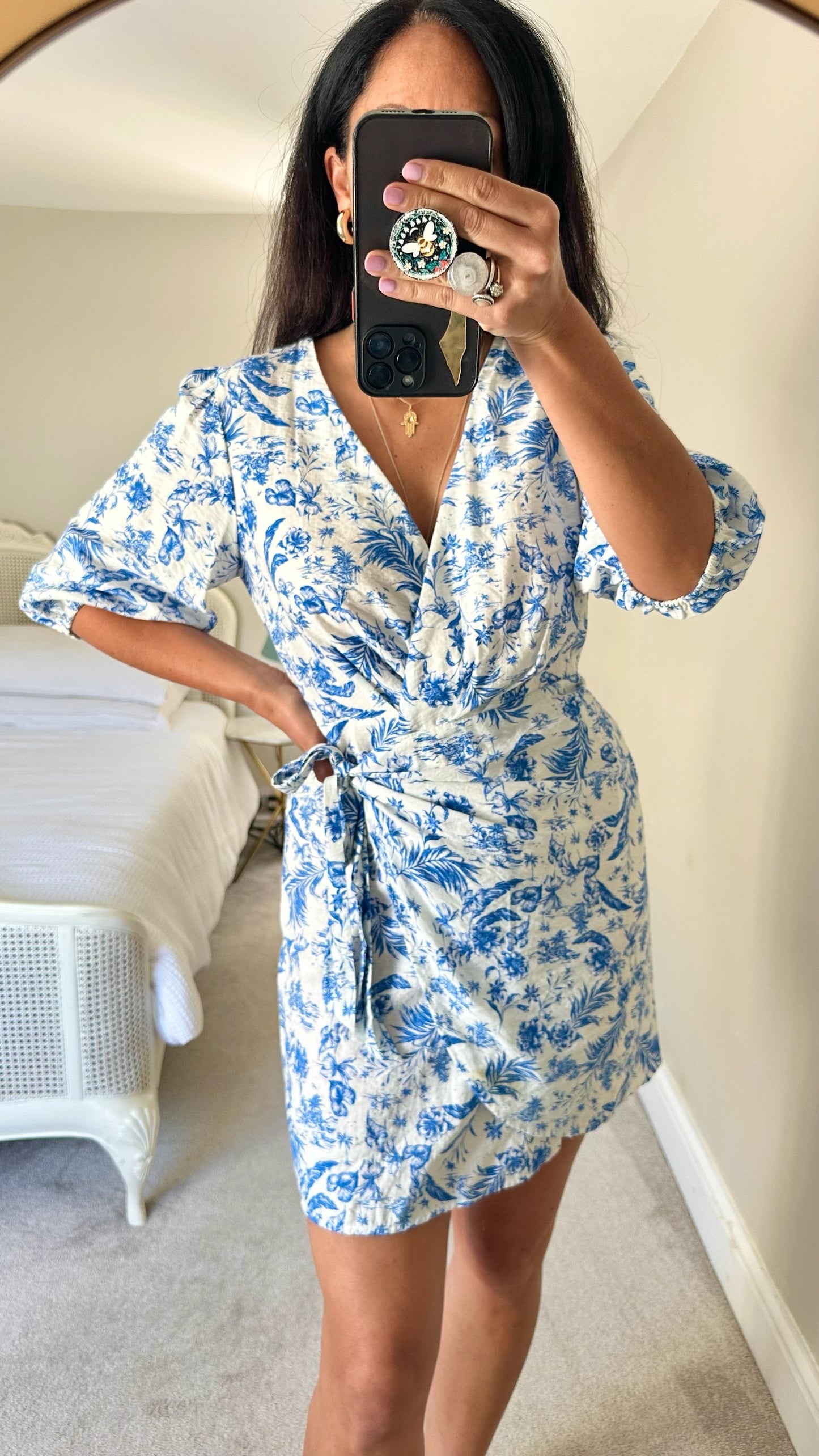 Mango blue and white palm tree tropical holiday print wrap dress small UK 8 vgc